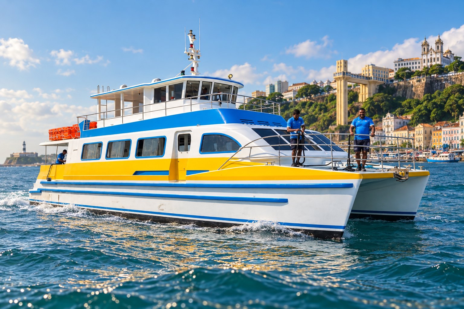 Catamarã branco com faixas azul e amarela navegando diante da orla — imagem ilustrativa.