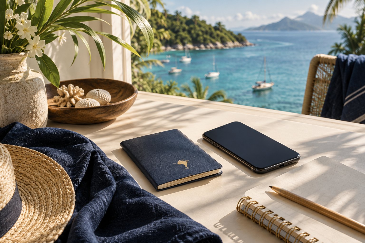 Documentos de viagem, telefone e caderno sobre uma mesa — imagem ilustrativa.