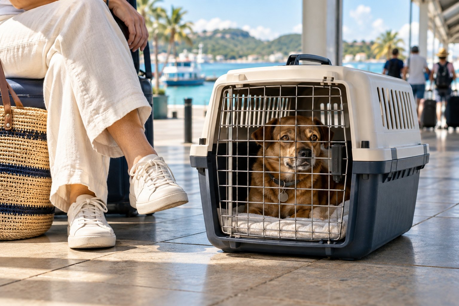 Cachorro dentro de caixa de transporte fechada ao lado do responsável — imagem ilustrativa.