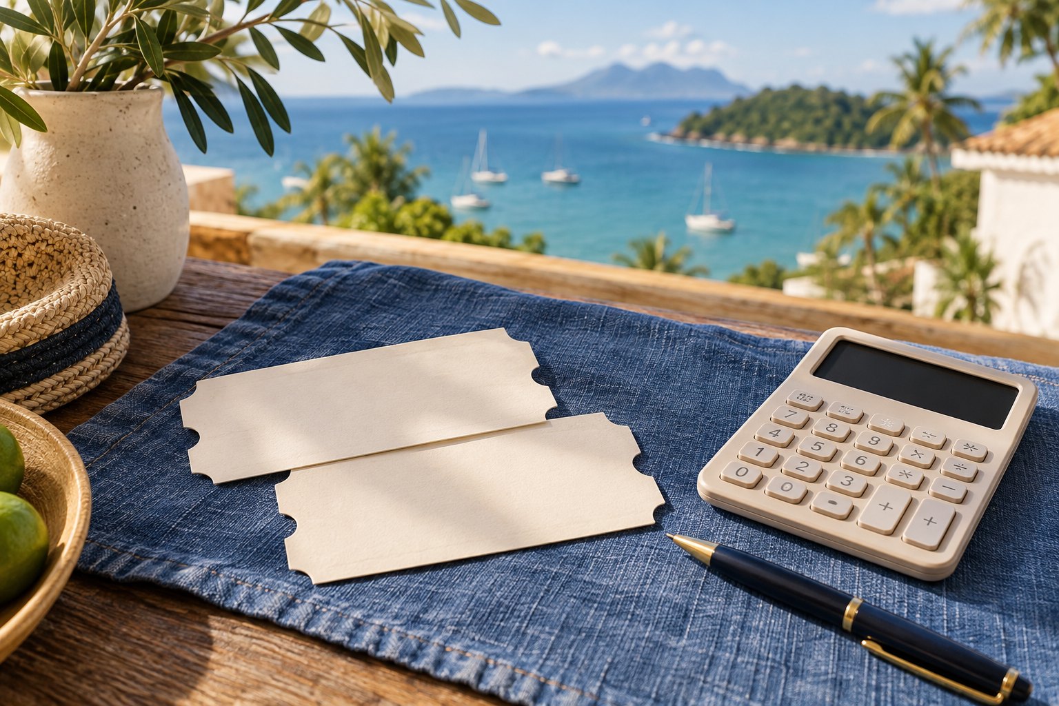 Papéis de passagem sem dados e calculadora sobre tecido azul — imagem ilustrativa.