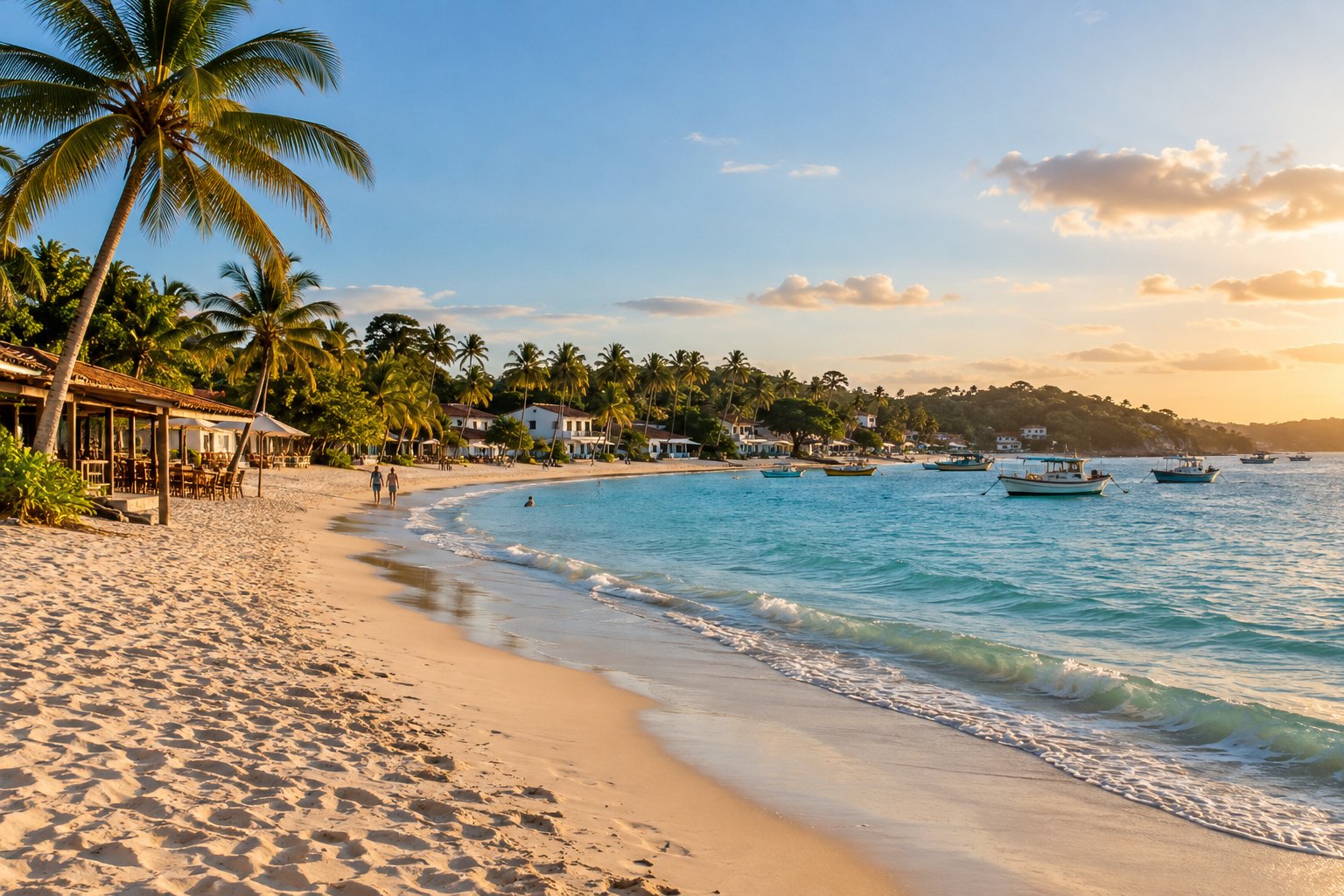 Praia de paisagem baiana com coqueiros e vila ao fundo — imagem ilustrativa.