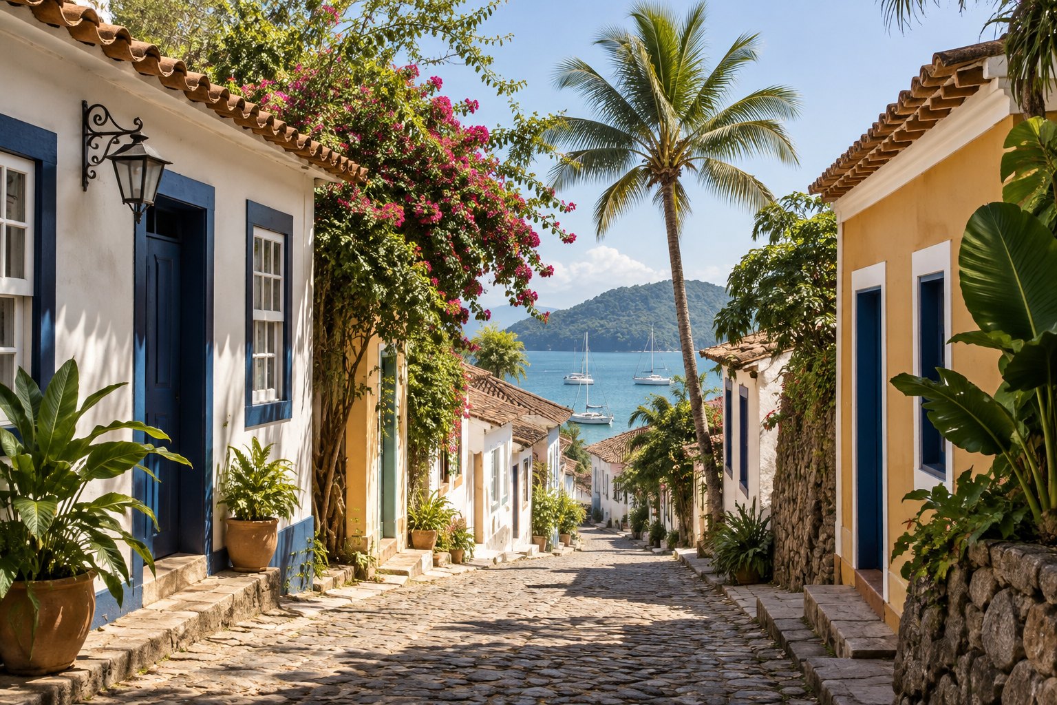 Rua de vila costeira baiana com fachadas coloridas e vegetação — imagem ilustrativa.
