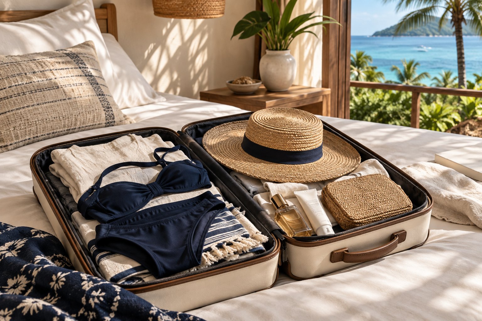Mala aberta com roupas leves e itens de viagem organizados — imagem ilustrativa.