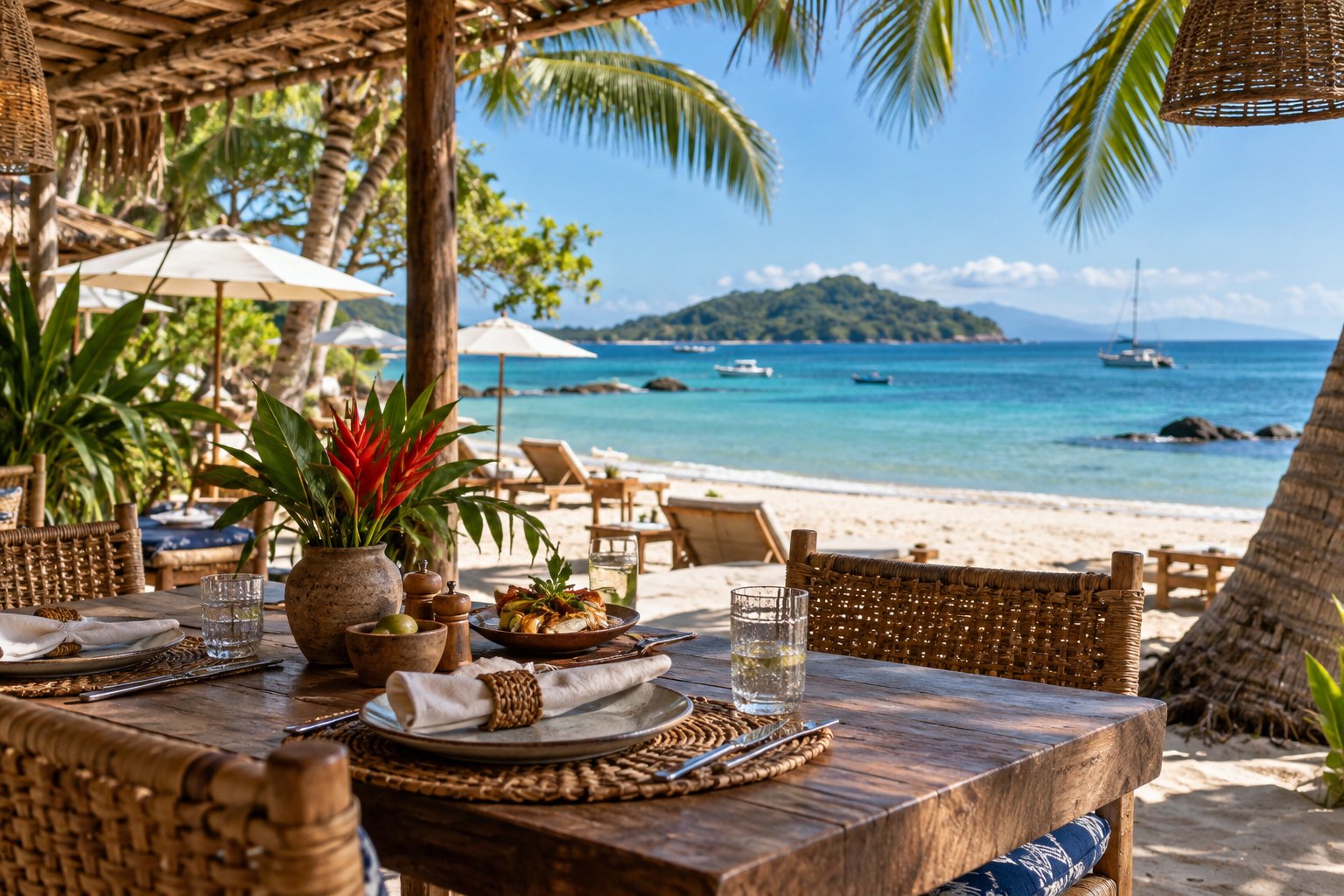 Mesa à sombra de coqueiros diante de praia tropical — imagem ilustrativa.