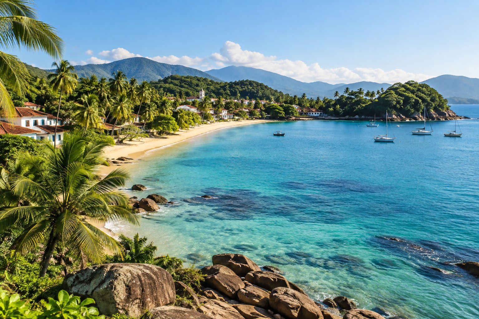 Vista elevada de praia com coqueiros e casas junto à costa — imagem ilustrativa.