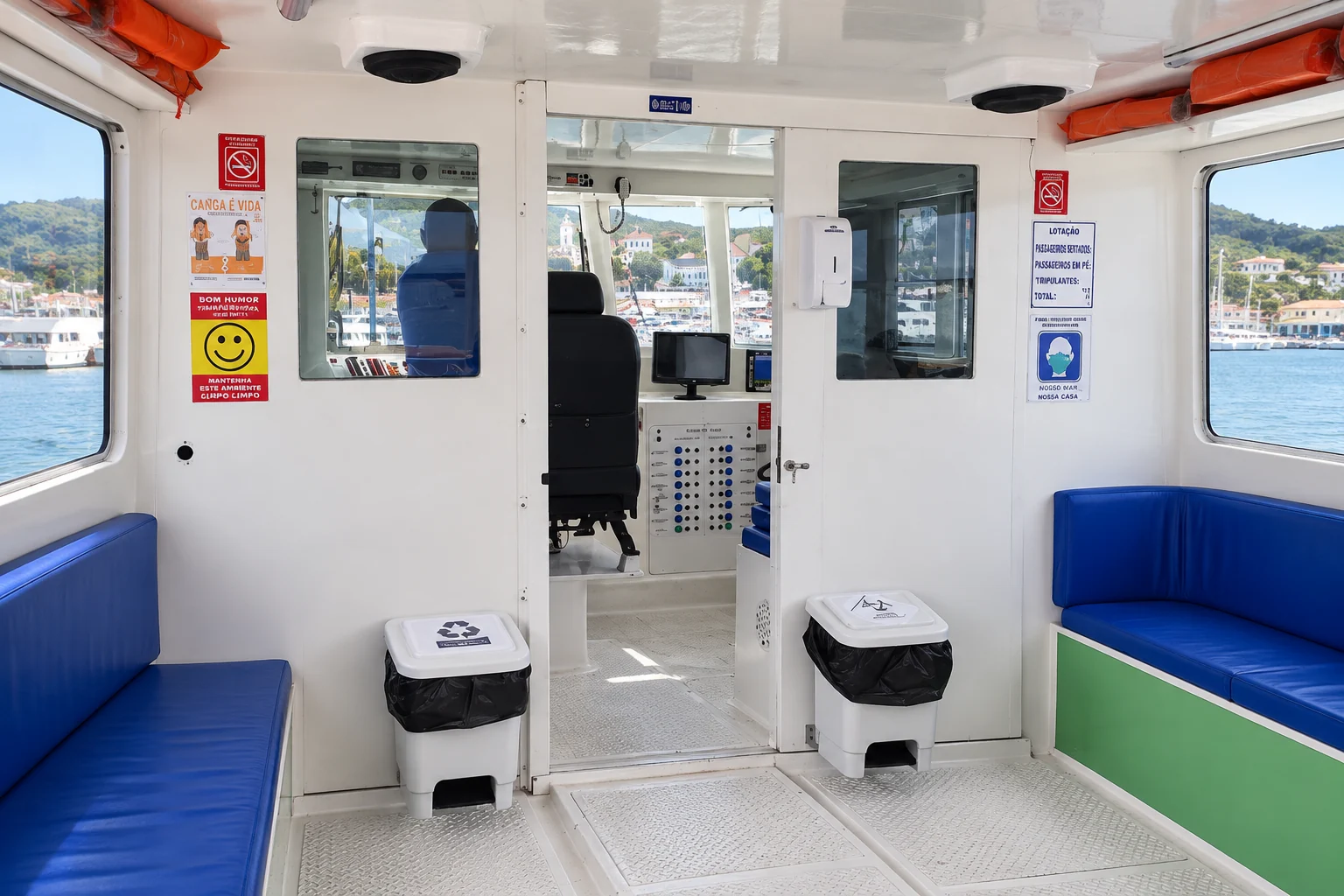 Ambiente interno do Ilha Bela III e acesso à cabine de comando — recriação ilustrativa baseada nas referências da Ilha Bela