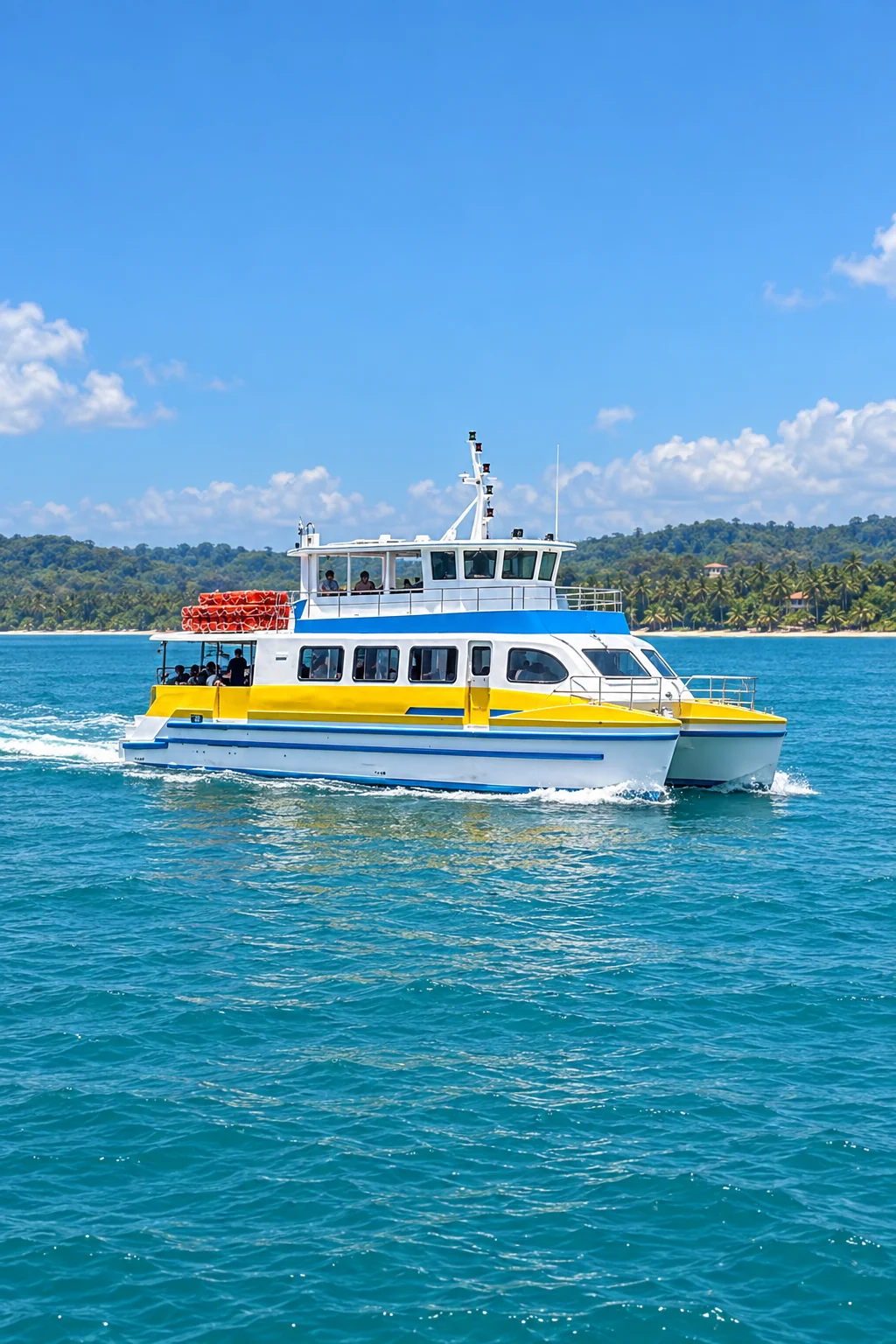 Ilha Bela III inteiro em uma composição vertical no mar — recriação ilustrativa baseada nas referências da Ilha Bela