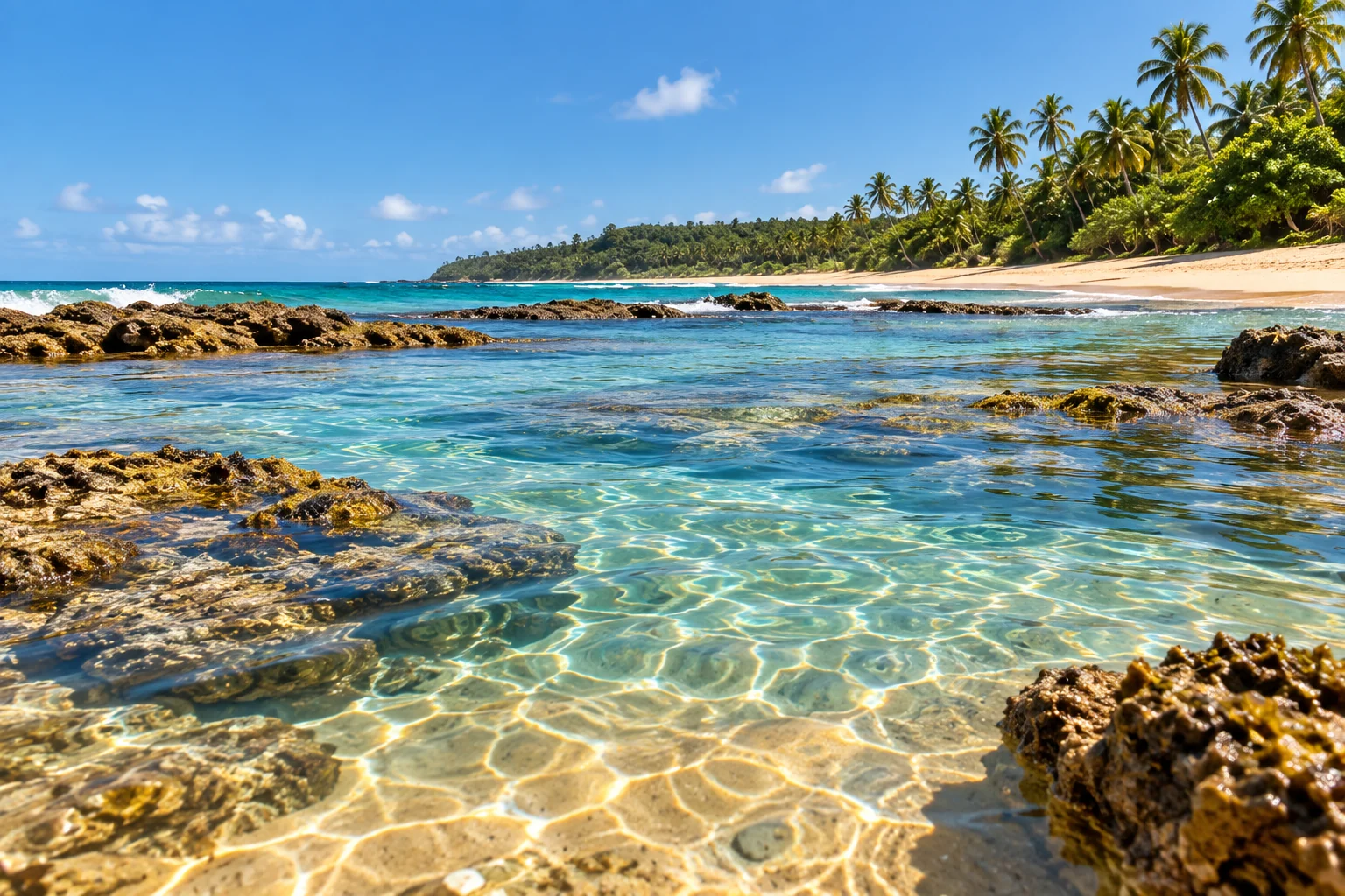 Águas claras e piscinas naturais na praia — recriação ilustrativa baseada nas referências da Ilha Bela