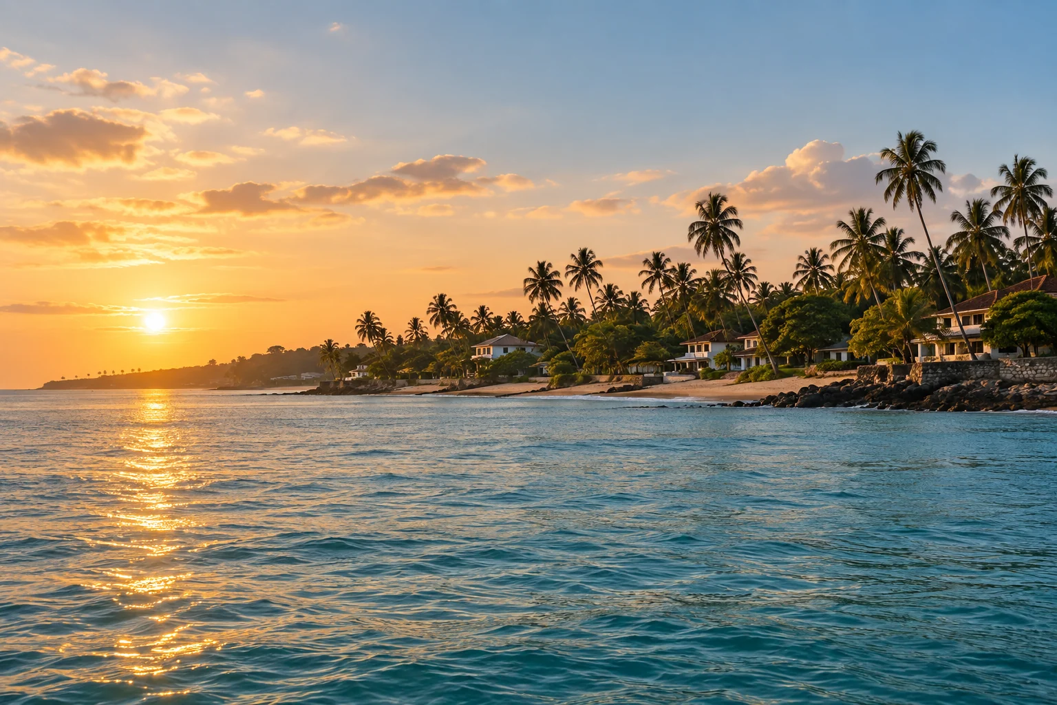 Pôr do sol junto aos coqueiros do litoral — recriação ilustrativa baseada nas referências da Ilha Bela