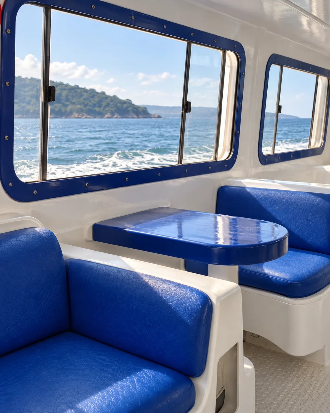 Poltronas acolchoadas e mesa junto à janela do catamarã — recriação ilustrativa baseada nas referências da Ilha Bela